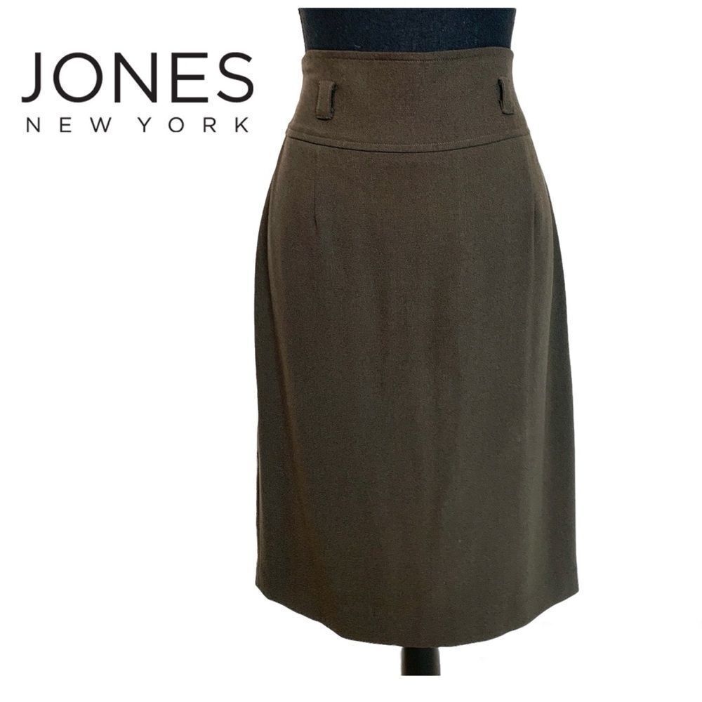 𝅺JONES New York essentials chocolate brown belted stretchy pencil skirt Sz 6